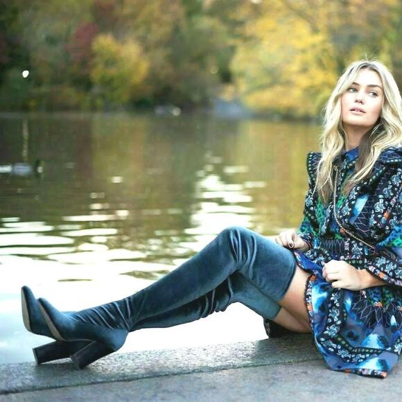 ZARA Over the Knee Boots Stretch Velvet Pointed Toe Block High Heel Blue/ Gray - Picture 15 of 15